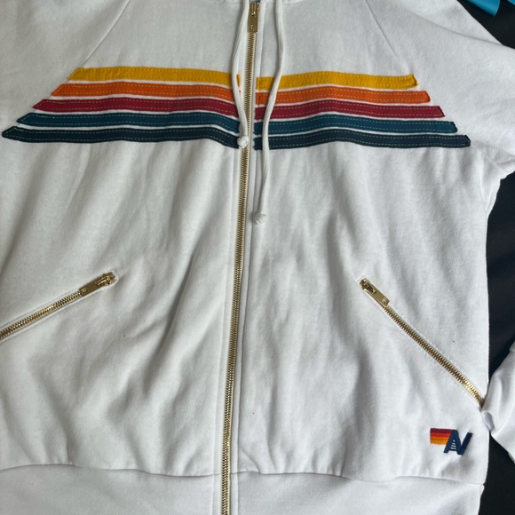 - - NWT Aviator Nation 5 Stripe  Hoodie Sweatshirt White w/ zip pockets Small - Picture 2 of 4